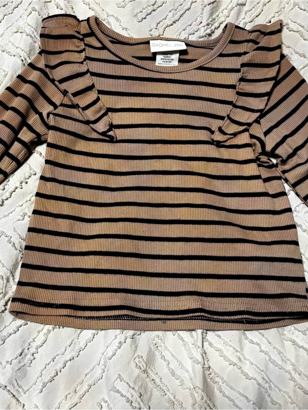 Rachel Zoe Tan and Black Striped Ruffle Shoulder Long Sleeve Top
